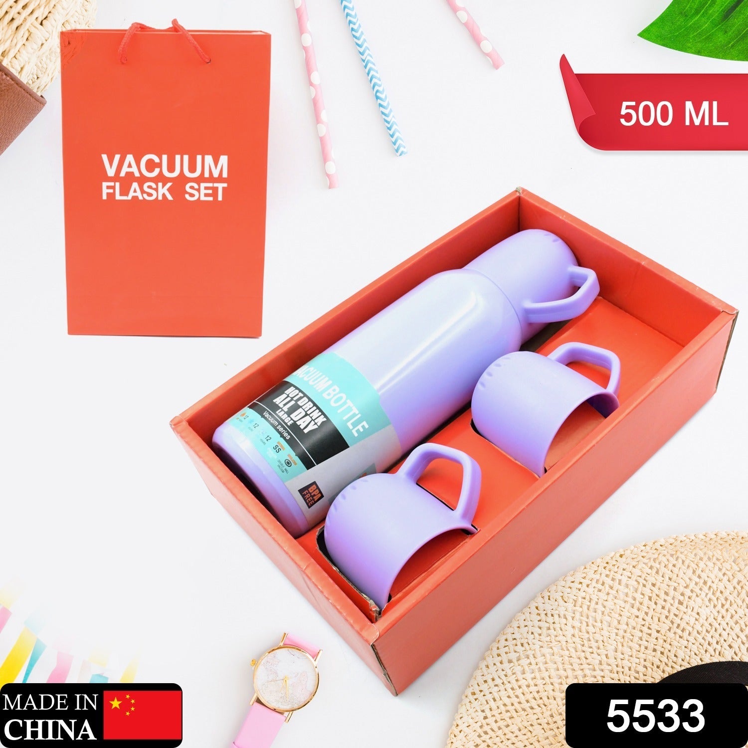 5533 Vacuum Flask Set Stainless Steel Thermos With 3 Cup Creative Gift Set With Cover Handle Portable Car Water Bottle Set (Approx 500ml) 5533 Vacuum Flask Set Stainless Steel Thermos With 3 Cup Creative Gift Set With Cover Handle Portable Car Water Bottle Set (Approx 500ml)